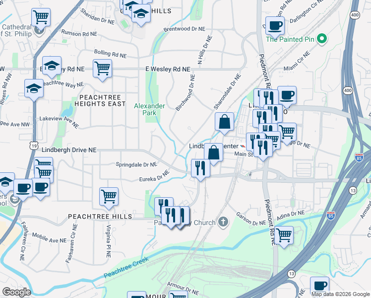 map of restaurants, bars, coffee shops, grocery stores, and more near 2512 Birchwood Drive Northeast in Atlanta