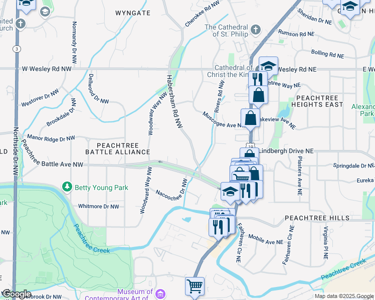 map of restaurants, bars, coffee shops, grocery stores, and more near 2522 Habersham Road Northwest in Atlanta