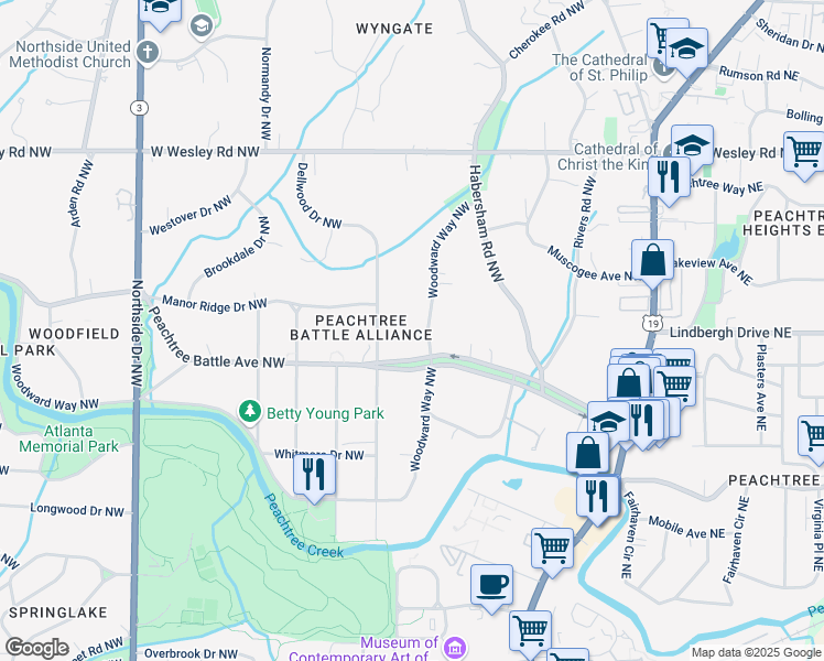 map of restaurants, bars, coffee shops, grocery stores, and more near 2490 Woodward Way Northwest in Atlanta