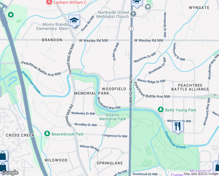 map of restaurants, bars, coffee shops, grocery stores, and more near 2471 Oldfield Road Northwest in Atlanta