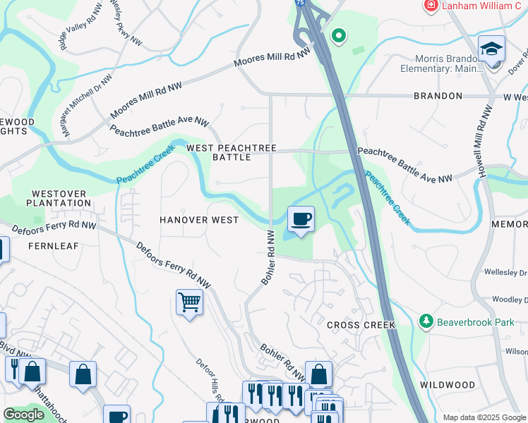 map of restaurants, bars, coffee shops, grocery stores, and more near 2530 Bohler Road Northwest in Atlanta