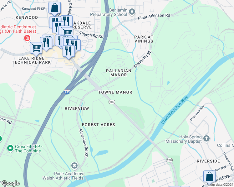 map of restaurants, bars, coffee shops, grocery stores, and more near 2375 Towneview Court Southeast in Atlanta
