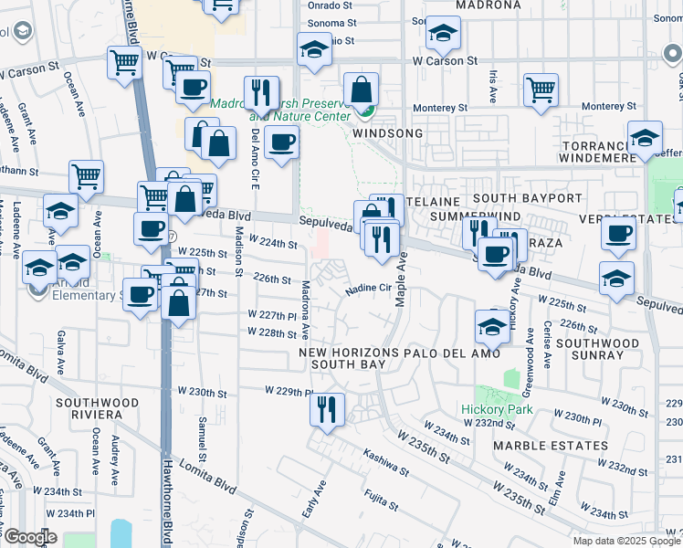 map of restaurants, bars, coffee shops, grocery stores, and more near in Torrance