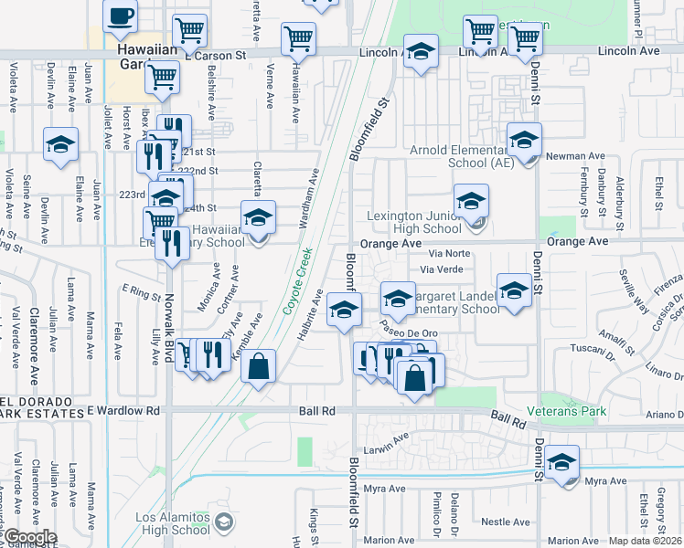map of restaurants, bars, coffee shops, grocery stores, and more near 8381 East Blithedale Street in Long Beach