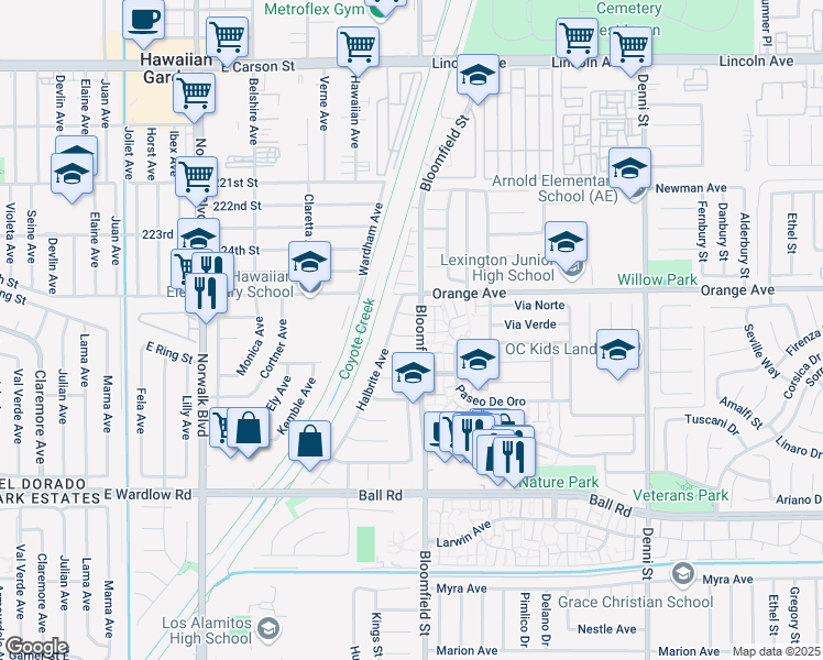 map of restaurants, bars, coffee shops, grocery stores, and more near 8381 East Blithedale Street in Long Beach