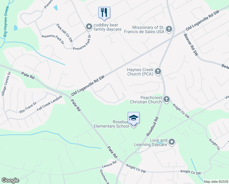 map of restaurants, bars, coffee shops, grocery stores, and more near 1926 Logan Ridge Circle in Loganville
