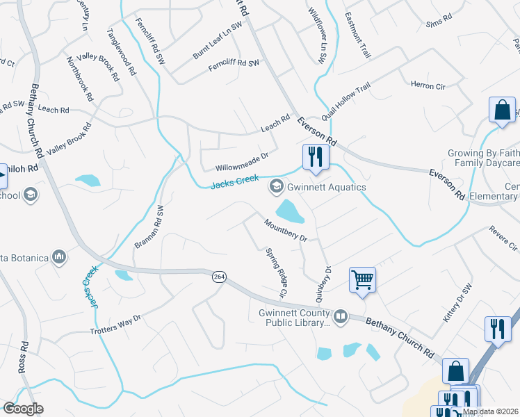 map of restaurants, bars, coffee shops, grocery stores, and more near 2808 Mountbery Drive in Snellville