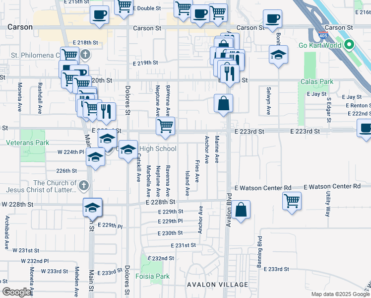 map of restaurants, bars, coffee shops, grocery stores, and more near 22413 Island Avenue in Carson