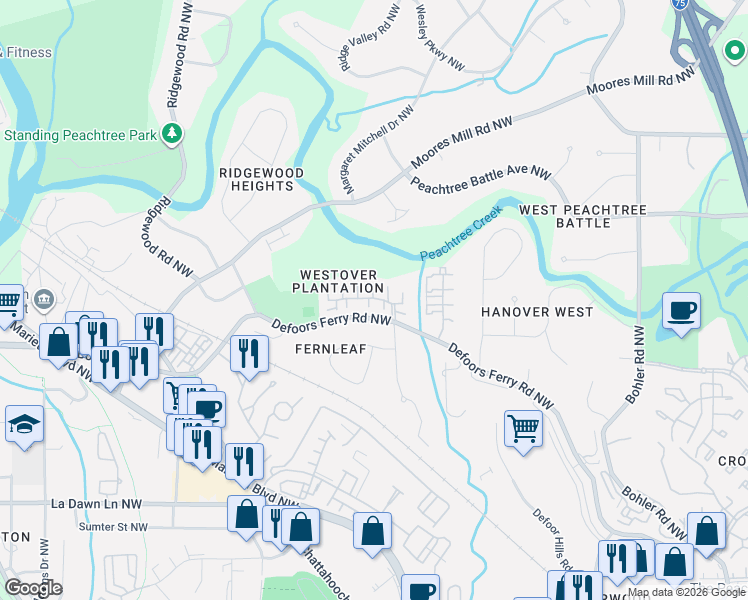 map of restaurants, bars, coffee shops, grocery stores, and more near 8 Scotland Place Northwest in Atlanta