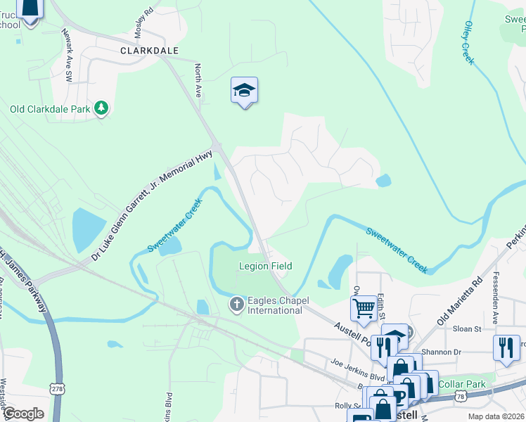 map of restaurants, bars, coffee shops, grocery stores, and more near 2105 Hydrangea Lane in Austell