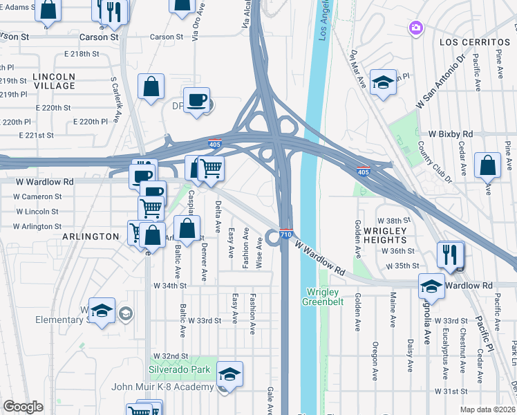 map of restaurants, bars, coffee shops, grocery stores, and more near 1308 Baker Street in Long Beach