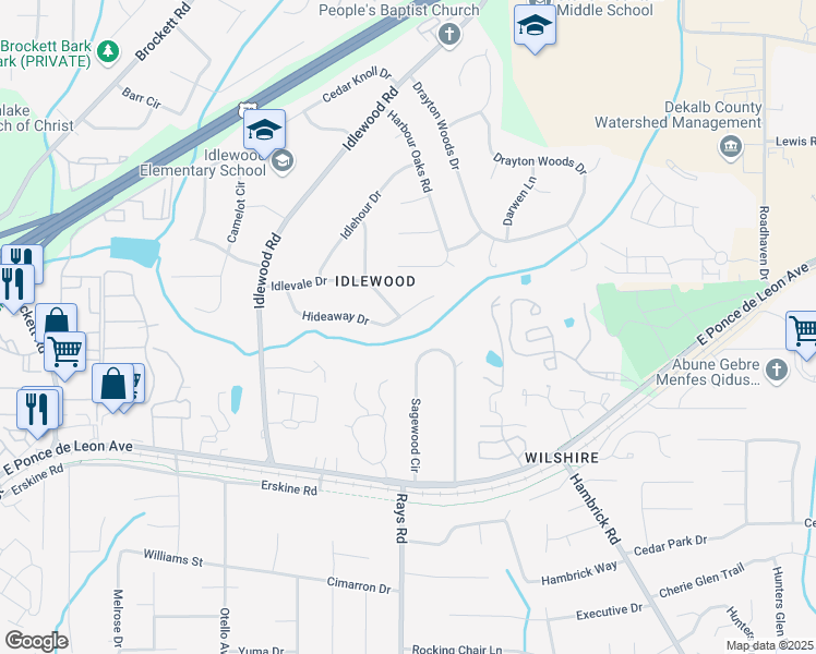 map of restaurants, bars, coffee shops, grocery stores, and more near 4189 Hideaway Drive in Tucker
