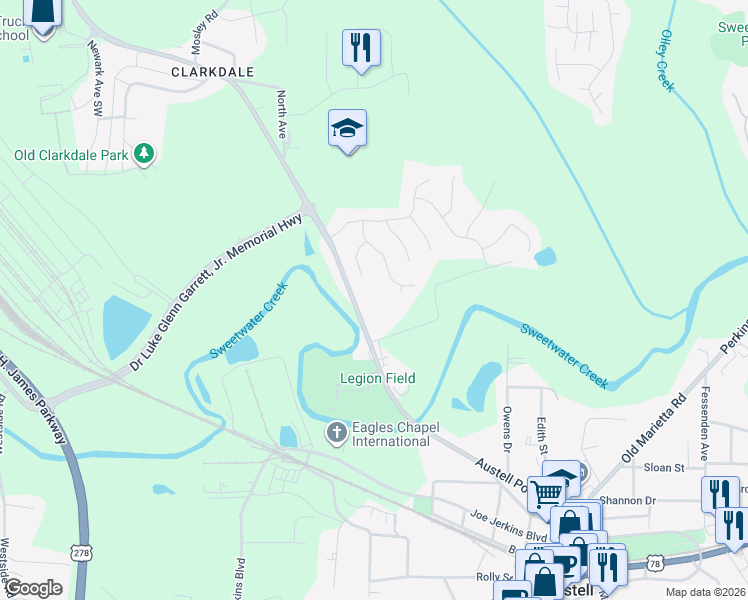 map of restaurants, bars, coffee shops, grocery stores, and more near 2105 Hydrangea Lane in Austell