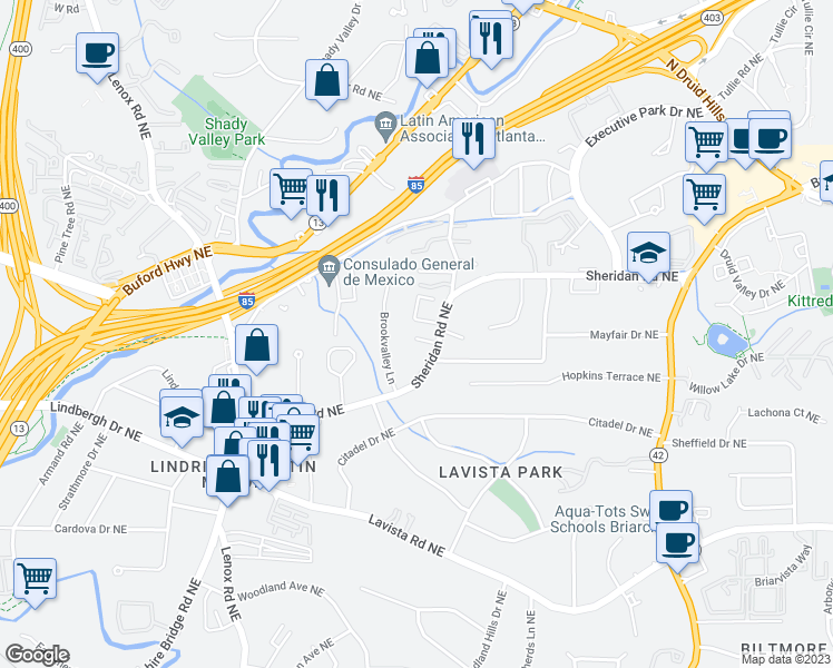 map of restaurants, bars, coffee shops, grocery stores, and more near 1100 Parker Place in Atlanta