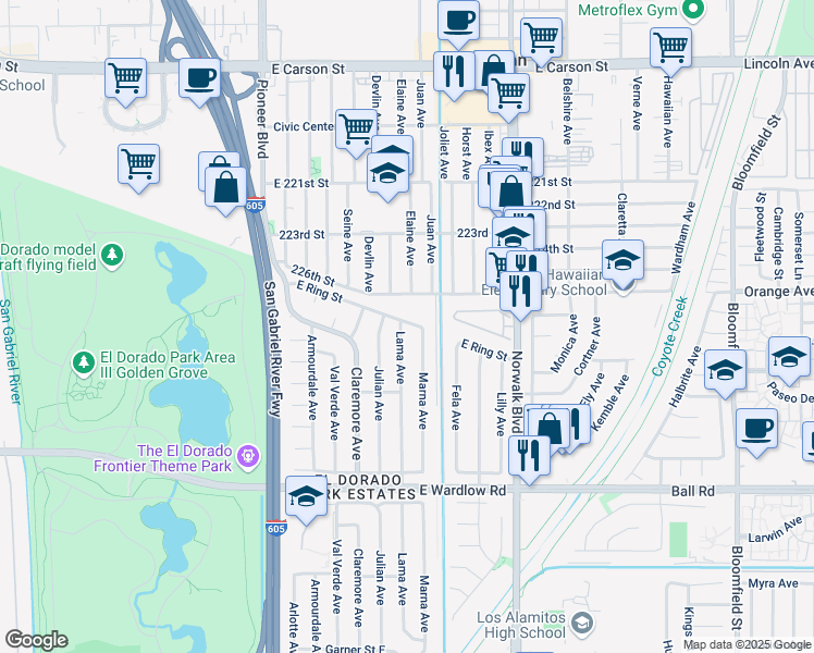 map of restaurants, bars, coffee shops, grocery stores, and more near 7901 East Ring Street in Long Beach