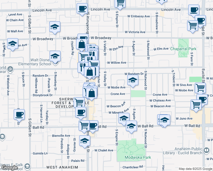 map of restaurants, bars, coffee shops, grocery stores, and more near 2131 West Niobe Avenue in Anaheim