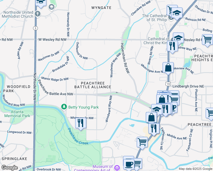 map of restaurants, bars, coffee shops, grocery stores, and more near 2490 Woodward Way Northwest in Atlanta