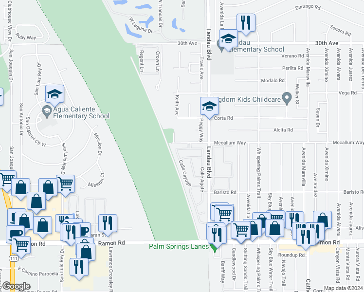 map of restaurants, bars, coffee shops, grocery stores, and more near 67794 Via Seguro in Cathedral City