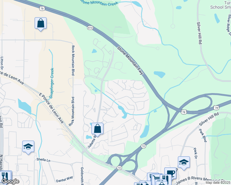 map of restaurants, bars, coffee shops, grocery stores, and more near 1417 Stone Mill Trce in Stone Mountain