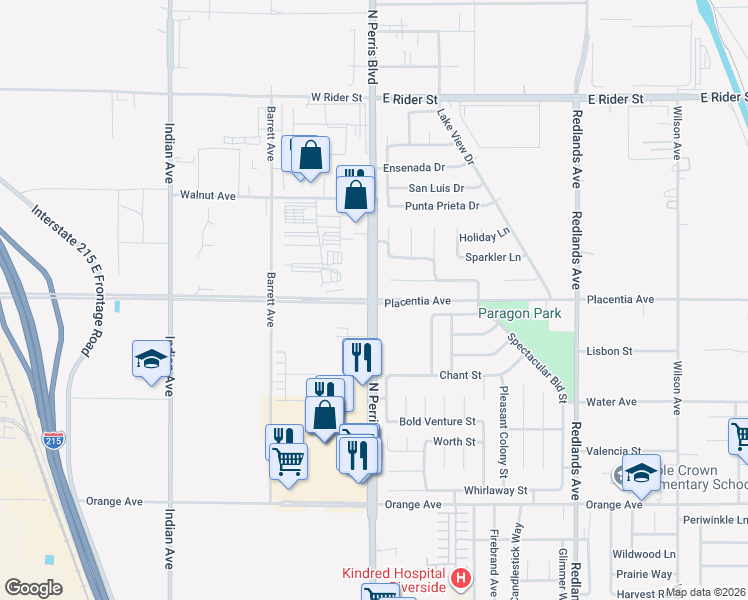 map of restaurants, bars, coffee shops, grocery stores, and more near North Perris Boulevard in Perris