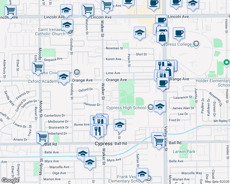 map of restaurants, bars, coffee shops, grocery stores, and more near 9591 Graham Street in Cypress
