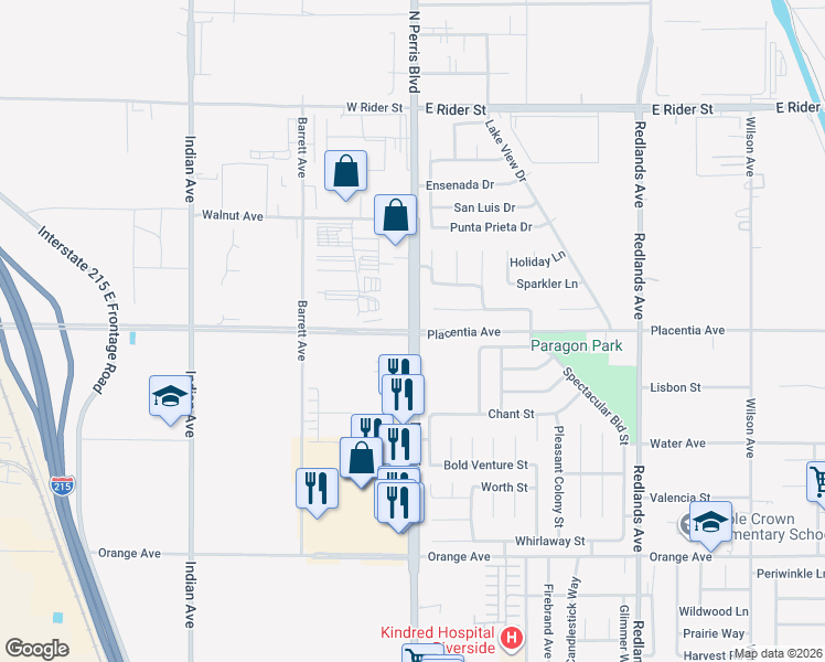 map of restaurants, bars, coffee shops, grocery stores, and more near 2 West Placentia Avenue in Perris