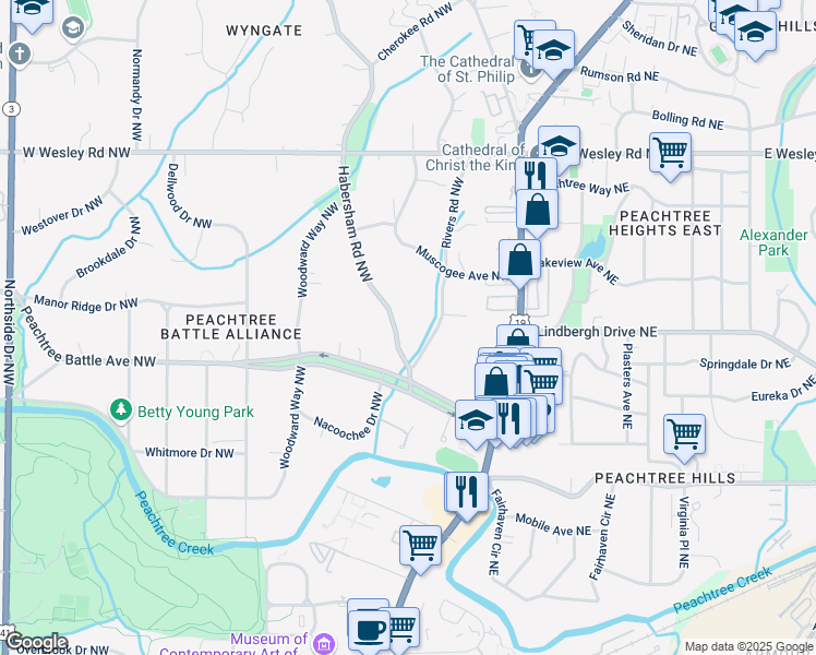 map of restaurants, bars, coffee shops, grocery stores, and more near 2515 Habersham Road Northwest in Atlanta