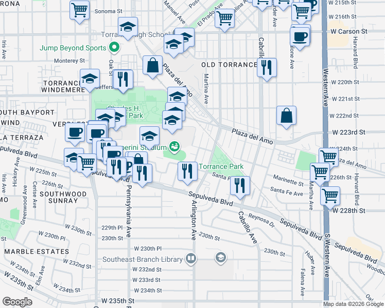 map of restaurants, bars, coffee shops, grocery stores, and more near 2112 Lincoln Avenue in Torrance