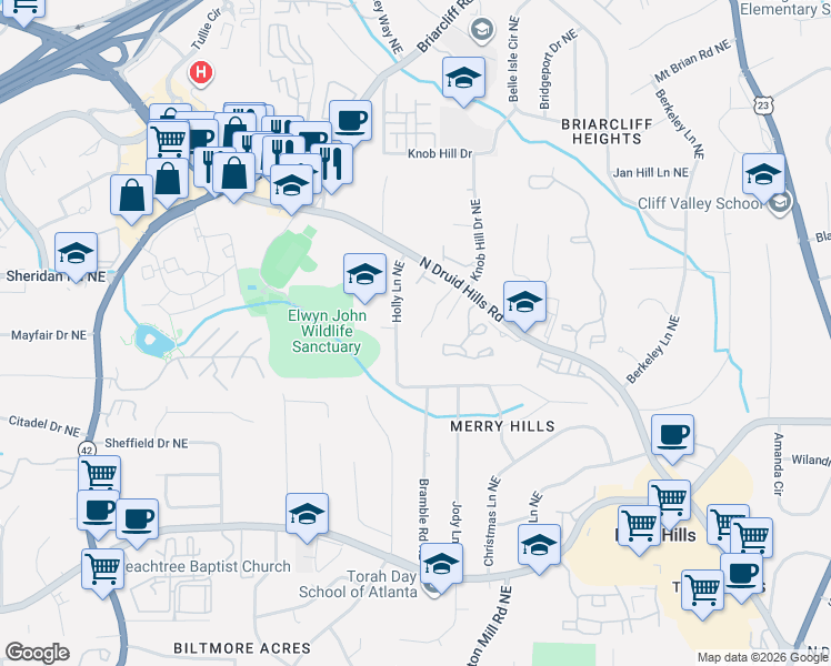map of restaurants, bars, coffee shops, grocery stores, and more near 1464 Briaroaks Trail Northeast in Atlanta
