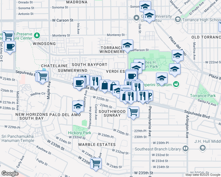 map of restaurants, bars, coffee shops, grocery stores, and more near 2605 Sepulveda Boulevard in Torrance
