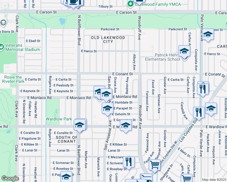 map of restaurants, bars, coffee shops, grocery stores, and more near 3638 San Anseline Avenue in Long Beach