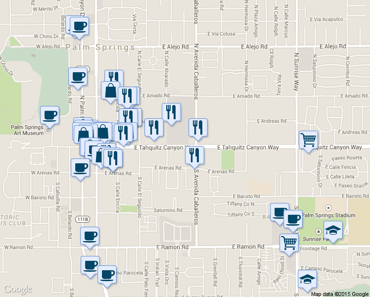 map of restaurants, bars, coffee shops, grocery stores, and more near 901 E Tahquitz Canyon Way in Palm Springs