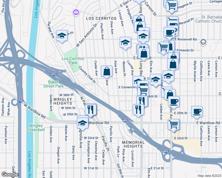 map of restaurants, bars, coffee shops, grocery stores, and more near 3622 Pacific Avenue in Long Beach