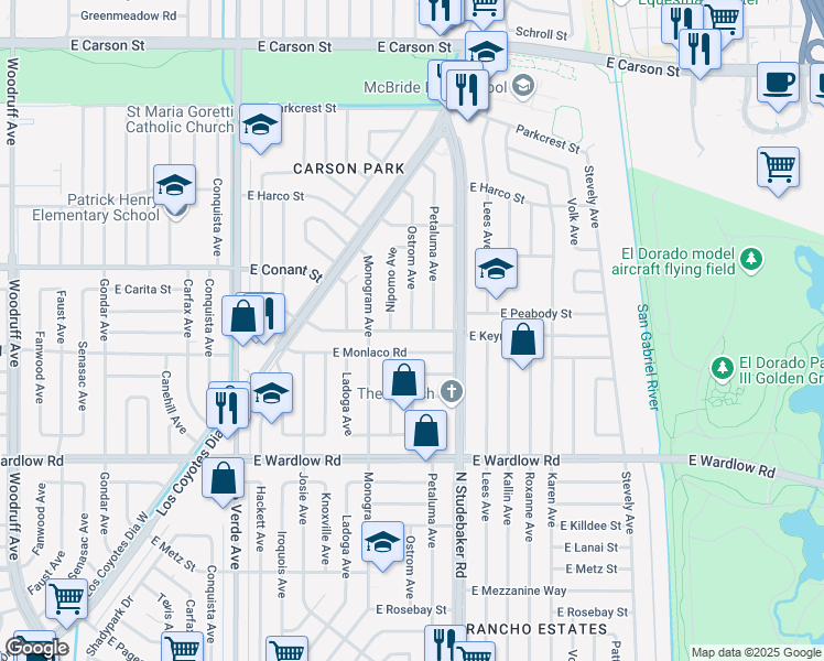 map of restaurants, bars, coffee shops, grocery stores, and more near 2535 Ostrom Avenue in Long Beach