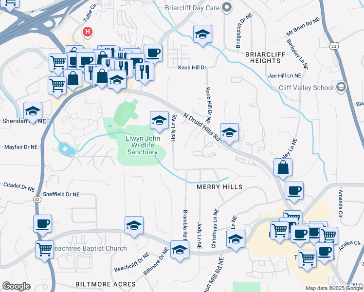 map of restaurants, bars, coffee shops, grocery stores, and more near 1464 Briaroaks Trail Northeast in Atlanta