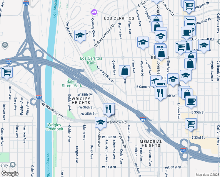map of restaurants, bars, coffee shops, grocery stores, and more near 3671 North Country Club Drive in Long Beach