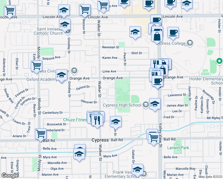 map of restaurants, bars, coffee shops, grocery stores, and more near 9541 Graham Street in Cypress