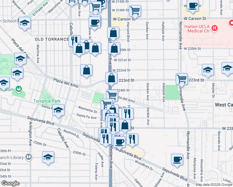map of restaurants, bars, coffee shops, grocery stores, and more near 1648 West 224th Street in Torrance