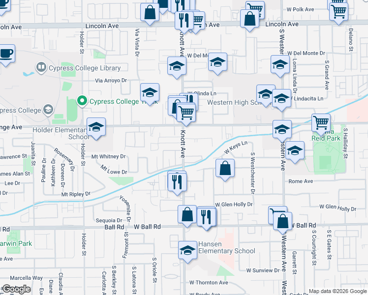 map of restaurants, bars, coffee shops, grocery stores, and more near 3501 West Mungall Drive in Anaheim