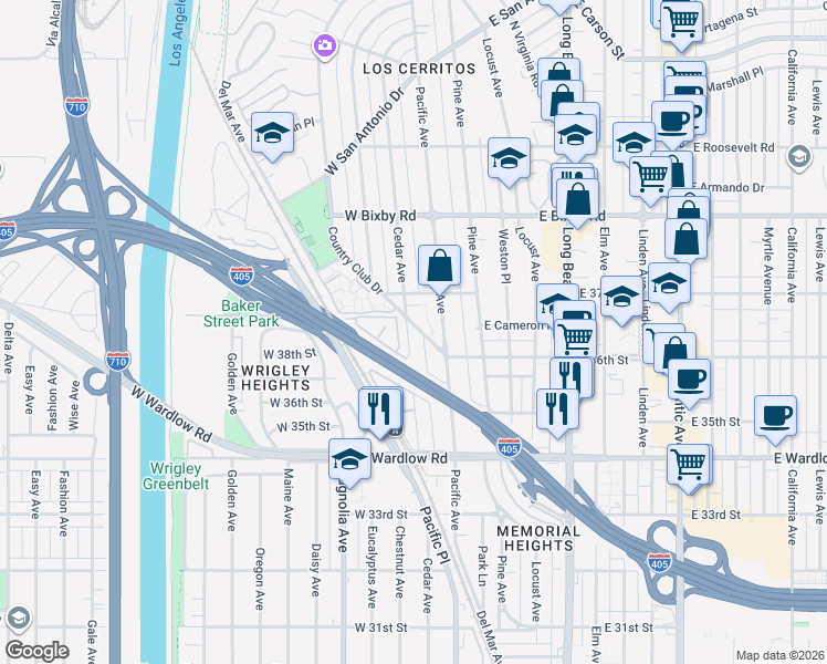 map of restaurants, bars, coffee shops, grocery stores, and more near 3659 North Country Club Drive in Long Beach
