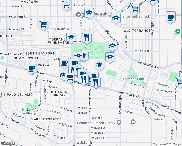map of restaurants, bars, coffee shops, grocery stores, and more near 2345 Santa Fe Avenue in Torrance
