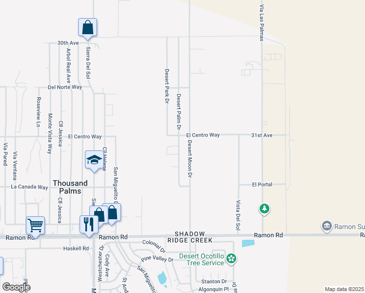 map of restaurants, bars, coffee shops, grocery stores, and more near 31100 Desert Palm Drive in Thousand Palms
