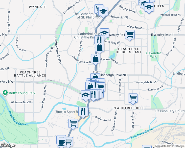 map of restaurants, bars, coffee shops, grocery stores, and more near 2500 Peachtree Road in Atlanta