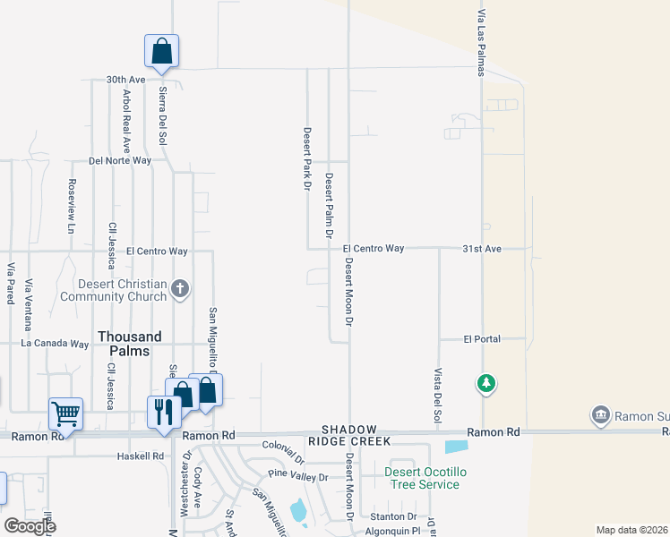 map of restaurants, bars, coffee shops, grocery stores, and more near 31100 Desert Palm Drive in Thousand Palms