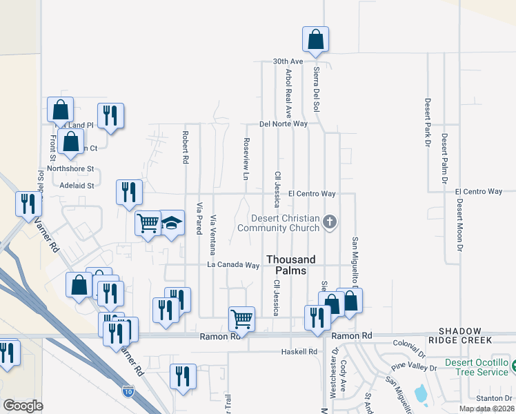 map of restaurants, bars, coffee shops, grocery stores, and more near in Thousand Palms