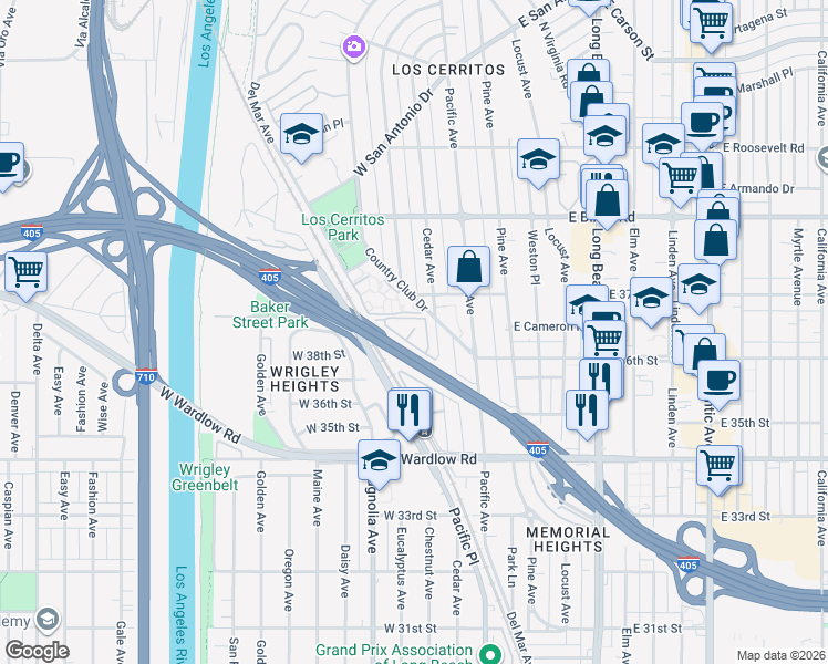 map of restaurants, bars, coffee shops, grocery stores, and more near 3659 North Country Club Drive in Long Beach