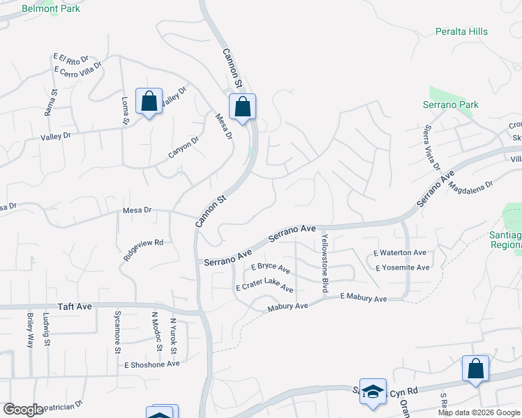 map of restaurants, bars, coffee shops, grocery stores, and more near 5735 East Crest De Ville Avenue in Orange