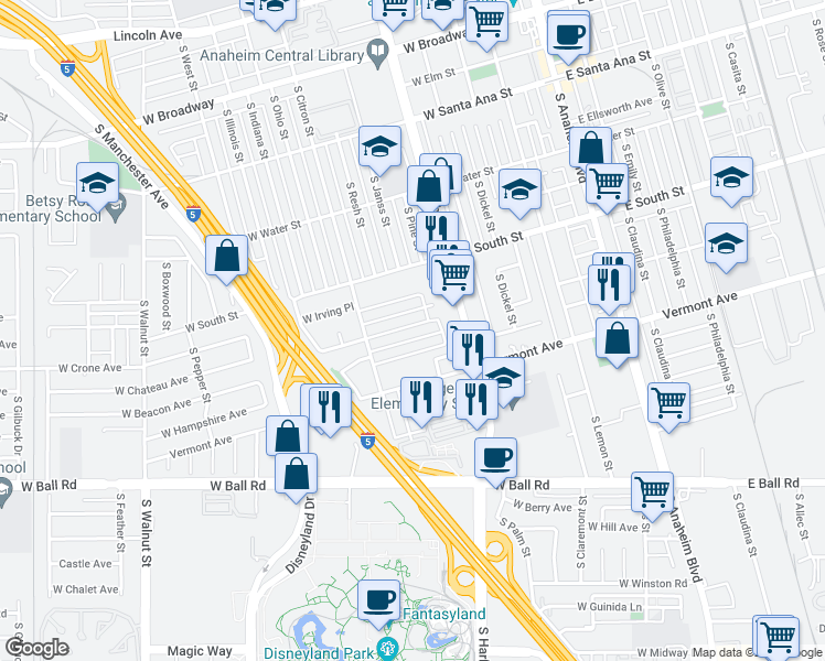 map of restaurants, bars, coffee shops, grocery stores, and more near 624 West Provential Drive in Anaheim