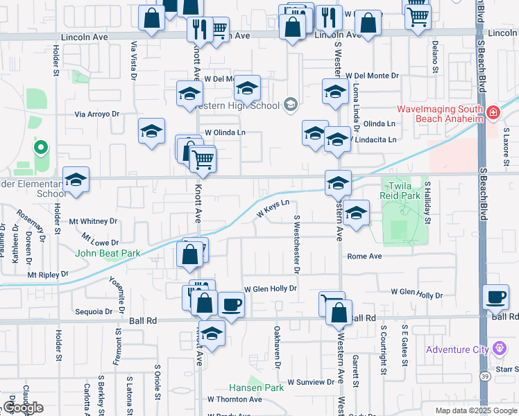 map of restaurants, bars, coffee shops, grocery stores, and more near 3333 West Keys Lane in Anaheim
