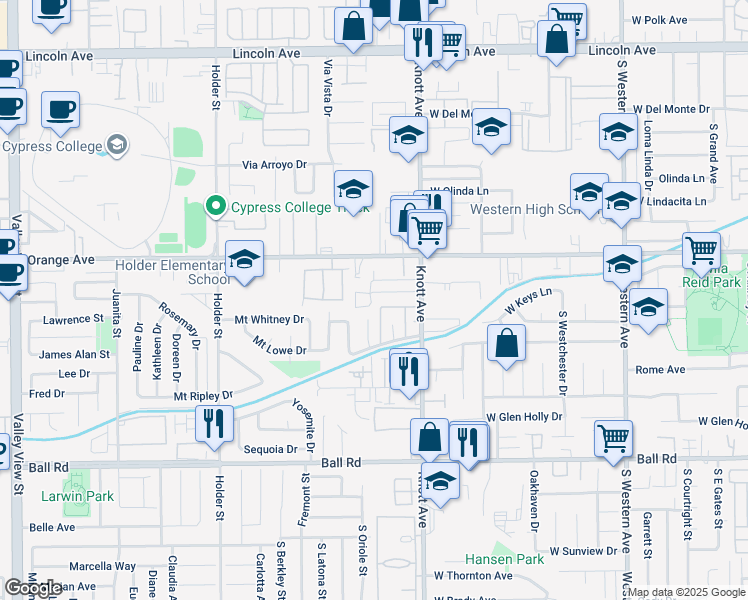 map of restaurants, bars, coffee shops, grocery stores, and more near 3533 West Mungall Drive in Anaheim